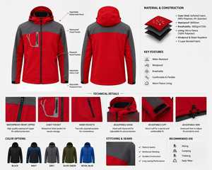 Veste polaire à capuche pour homme, rouge et grise, avec fermeture éclair, vêtement de sport d'extérieur, design coupe-vent pour l'automne - Product Image 3