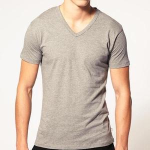 T-shirt gris à col en V, coupe ajustée, manches courtes, séchage rapide, anti-boulochage, polyester/coton 180g, entraînement - Product Image 1