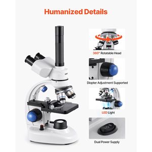 กล้องจุลทรรศน์แบบ Trinocular กำลังขยาย 40-5000 เท่า ระดับมืออาชีพ พร้อมไฟ LED และอะแดปเตอร์โทรศัพท์อะลูมิเนียมสำหรับผู้ใหญ่ - Product Image 5