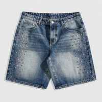 Shorts en jean brodés mi-longs respirants personnalisés pour hommes, style streetwear, avec strass en cristal, fermetures éclair vintage de haute qualité, écologiques