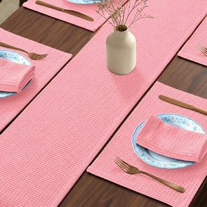 Pink Waffle Weave Table <b>Runner</b> and Napkin Set <b>Washable</b> Fabric Nordic Dining Decor - Product Image 5