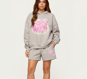 Personalized Women's Hoodie Shorts Set DTG Printed Polyester Cotton Casual Two Piece Outfit <b>Custom</b> Pullover Matching Streetwear - Product Image 1