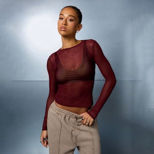Wholesale Summer Sexy Girl Solid O-Neck Slim Fit <b>Long</b> <b>Sleeve</b> <b>Mesh</b> T-Shirt 100% Cotton Breathable <b>Mesh</b> <b>Long</b> <b>Sleeves</b> T-shirt Women - Product Image 1