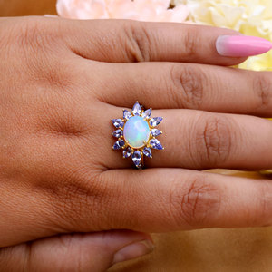 925 Sterling Silver Natural <b>Opal</b> Tanzanite & Diamond <b>Ring</b> for Women <b>Gold</b> Plated Vintage Cocktail Statement Fine Jewelry Gift - Product Image 2