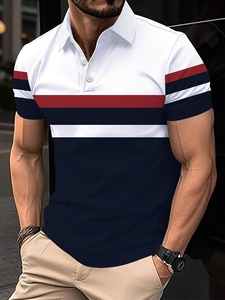 Men's Short Sleeve Color Blocked Contrast Trim Slim Fit Casual Knitted Front Logo Breathable 100% Cotton Shirt White <b>Navy</b> Red - Product Image 1