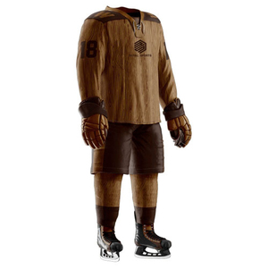 Ensemble uniforme de hockey pour homme, marron grain de bois, 100 % polyester, respirant, maillot, short, gants, patins, taille adulte - Product Image 1