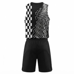 Ensemble de maillots de basket personnalisés bleu et blanc, sublimés, anti-transpiration, 100% polyester, débardeur et short unisexe adulte, motif géométrique - Product Image 6