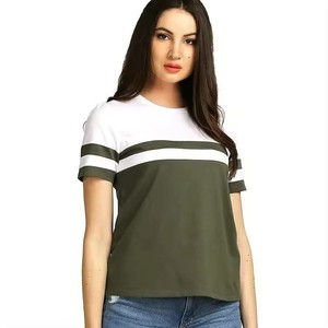 T-shirt à col rond à manches courtes pour femme, à rayures colorées, coupe classique, tricoté, décontracté, toutes saisons, vert et blanc, service OEM - Product Image 1