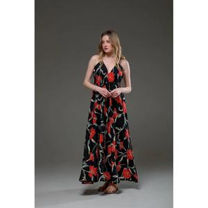 ชุดเดรสแม็กซี่พิมพ์ลายดอกไม้สีดำสำหรับผู้หญิง แขนกุด สายสปาเก็ตตี้ คอวี ทรงหลวม สไตล์ลำลอง ชุดเดรสยาวสำหรับฤดูร้อนและชายหาด - Product Image 4