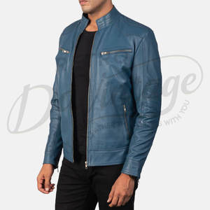 Veste en cuir véritable bleu turquoise pour homme, coupe ajustée, style motard, col montant élégant, manteau d'hiver urbain en cuir véritable - Product Image 5