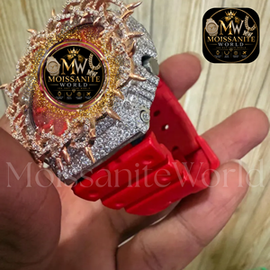 Montre de luxe en acier inoxydable avec diamants, boîtier en caoutchouc, bracelet en silicone rouge, cadran analogique à quartz de 45 mm, verre saphir, étanche 3 ATM, au meilleur prix - Product Image 3