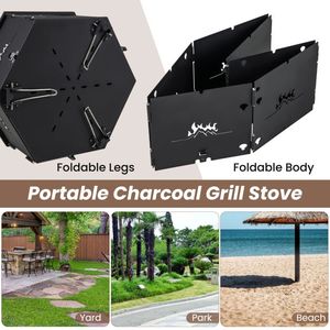 Barbecue portable au charbon de bois avec corps et pieds pliables, design rotatif avec poignées pour le camping - Product Image 5