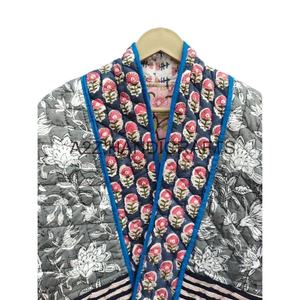 Chaqueta de algodón acolchada de último diseño 2024, chaquetas de retazos acolchadas con estampado de bloques a mano para mujer, a la venta, multicolor con borde crudo - Product Image 5