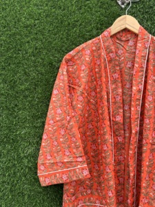 Kimono de Algodón con Estampado Floral de Bloques Indios, Largo, Abierto por Delante, Cuello en V, Estilo Boho Casual, para Playa, Verano, Primavera, Ecológico - Product Image 1