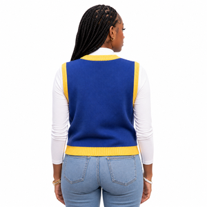 Cardigan en tricot bleu et jaune pour femme, sans manches, col en V, boutonné devant, pull décontracté - Product Image 2