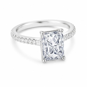 Emerald Cut Diamond Engagement Ring 18K <b>Solid</b> Gold Rhodium Plated Prong Setting Pave Band Women's Classic Fine Jewelry - Product Image 1
