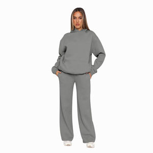 Survêtements amples personnalisés avec logo imprimé, en coton 100%, ensemble 2 pièces, pantalon large, pour femmes - Product Image 1