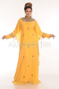 Dubai Female Style Yellow <b>Kaftan</b> With Heavy Beads Work on Neck Loose and Long Muslim <b>Women</b> <b>Kaftan</b> - Product Image 1