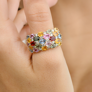 18K White Gold Invisible Set Multi Sapphire <b>Dome</b> Cocktail <b>Ring</b> Resizable Eternity Band - Product Image 1