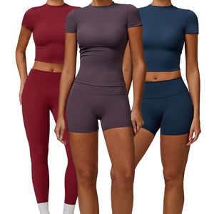 Solid Color Yoga Set Crew Neck Racerback Crop <b>Top</b> High Waist Shorts 2 Piece Seamless Spandex Polyester Anti-Bacterial Four-Way - Product Image 3