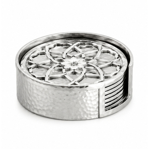 Hammered Stainless Steel Metal <b>Coasters</b> Set with Decorative Trellis Holder <b>Silver</b> Gold Drink <b>Coasters</b> Round Tabletop Cup Mats - Product Image 4