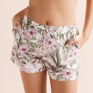 Floral Print <b>High</b> <b>Waist</b> <b>Shorts</b> With Drawstring And Pockets Breathable Spandex Polyester Women's <b>Shorts</b> - Product Image 1