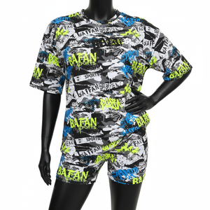 Ensemble T-shirt et short en coton et polyester tricoté de haute qualité pour femme, imprimé graffiti, logo personnalisé, 100% coton - Product Image 1