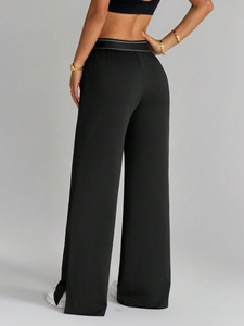 Pantalon Palazzo Femme Taille Haute Ample et Fluide Noir Athleisure avec Poches Fente Latérale Extensible Décontracté - Product Image 5