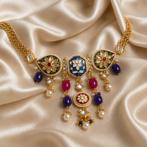 Gold Plated Floral Zinc Alloy Choker Necklace Earring <b>Bracelet</b> <b>Set</b> with Zircon and Pearl Ethnic Wedding Jewelry for Women - Product Image 3