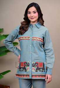 Blue Embroidered <b>Denim</b> Shirt Women <b>Long</b> Sleeve Button Up <b>Jacket</b> Casual Ethnic Style Top - Product Image 1