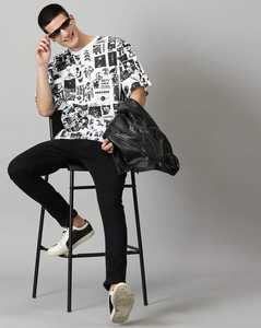 T-shirt pour homme noir et blanc à imprimé graphique, mélange de coton, col rond, streetwear décontracté, coupe classique, personnalisé - Product Image 4