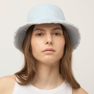 Lightweight Well Stitch <b>Light</b> Blue Fisherman Adjustable Denim Bucket <b>Hat</b> Unisex Formal Spring Summer Solid Color Frayed Raw Hem - Product Image 1