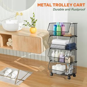Four Tier <b>Wire</b> Storage <b>Rack</b> With Wheels For Kitchen Food Organization Modern Standing Type Non Folding Metal Basket - Product Image 2