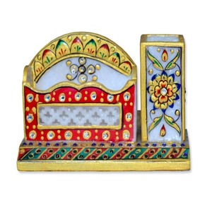 Elegante y Sofisticado Juego de Oficina de Mármol Makrana con Decoración Floral y Piedras Preciosas, Hecho a Mano, Ecológico, Diseño Art Deco, para Diwali - Product Image 2