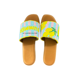 Sandalias Deslizantes con Cuentas Personalizadas, Diseño de Limones y Rayas Coloridas, Chanclas de Verano con Punta Abierta, Calzado de Moda Hecho a Mano - Product Image 1