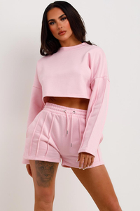 Conjunto Deportivo de 2 Piezas para Mujer, Color Rosa, Sudadera Corta, Pantalones Cortos, Manga Larga, Cuello Redondo, Estilo Casual, Ropa de Primavera, Conjunto Deportivo Sólido - Product Image 4