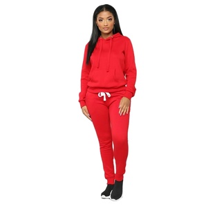 Women's Red Hooded Tracksuit Full Sleeve Solid Color Casual Sweatshirt and Pants <b>Set</b> Breathable Cotton Autumn Wear - Product Image 1