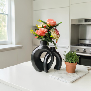 AG Elements Luxury Hotel Black Ceramic <b>Vase</b> <b>Set</b> Glossy Glazed Scandinavian Minimalist Abstract Sculptural Decorative <b>Vase</b> Table - Product Image 1