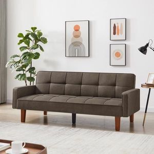 Divano Letto Convertibile con Piedi in Legno Massello, Braccioli in Lino Marrone e Gambe Centrali in Plastica, Arredamento Durevole ed Elegante - Product Image 1