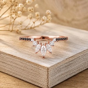 Cluster <b>Proposal</b> <b>Ring</b> Chevron Stacking <b>Ring</b> IGI Certified 10K 14K 18K Solid Gold Marquise & Round Black Lab Diamond Curved <b>Ring</b> - Product Image 4