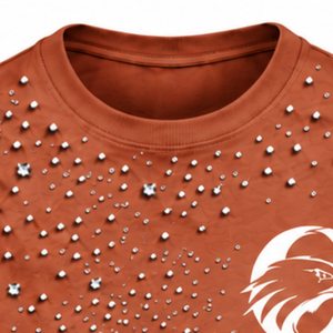 Camiseta Unisex Color Naranja Óxido con Cuentas de Perlas, Moderna, de Manga Corta, Cuello Redondo, Decorada con Perlas, para Ropa Urbana y Uso Diario Informal - Product Image 3