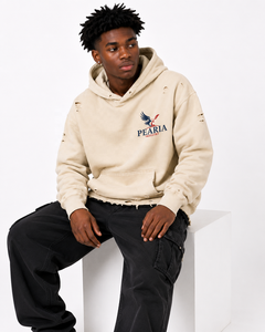 Sweat-shirt à capuche PEARIA pour homme, coupe classique, beige, déchiré, style streetwear décontracté, pull-over 100% coton molletonné uni - Product Image 1