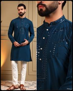 Designer <b>Mens</b> Wear Embroidery And Sequence Work <b>Kurta</b> With Payjama Fully Stitched Ready To Wear Set - Product Image 4