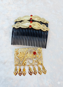 Peigne à cheveux vintage plaqué or, fait main, écologique, étanche, élégant, en alliage, avec mini pierres rouges et motif floral, pour mariée - Product Image 3