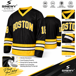 เสื้อฮอกกี้น้ำแข็ง SINEWY Boston แบบยูนิเซ็กซ์ คอวี แขนยาว พิมพ์ลายแบบ Sublimated ผลิตจากโพลีเอสเตอร์ 100% แห้งเร็ว ระบายอากาศได้ดี และป้องกันแบคทีเรีย - Product Image 1