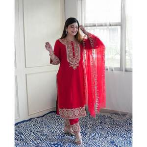 Fancy Chinon <b>Silk</b> Embroidery Coding Dori-Sequence Work Top and Bottom with Dupatta <b>Red</b> - Product Image 1