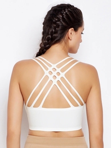 Soutien-gorge de sport sans couture pour femme, blanc, col rond, bretelles spaghetti, maintien moyen, haut de yoga et de sport - Product Image 4