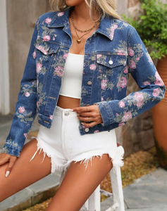 Women's Formal Floral Print Denim Jacket <b>Rhinestone</b> Decoration Breathable Fabric Distressed Wash Button Front <b>Crop</b> <b>Top</b> Style - Product Image 3
