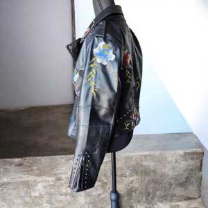 Wholesale Hand Embroidered Flower <b>White</b> Leather <b>Jacket</b> Heavy Metal Studded Real Sheepskin Motorcycle <b>Jacket</b> for Women OEM - Product Image 3