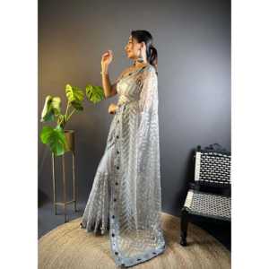 Sari de mujer de diseñador con bordado y juego de trabajo de hilo de aluminio - Product Image 3